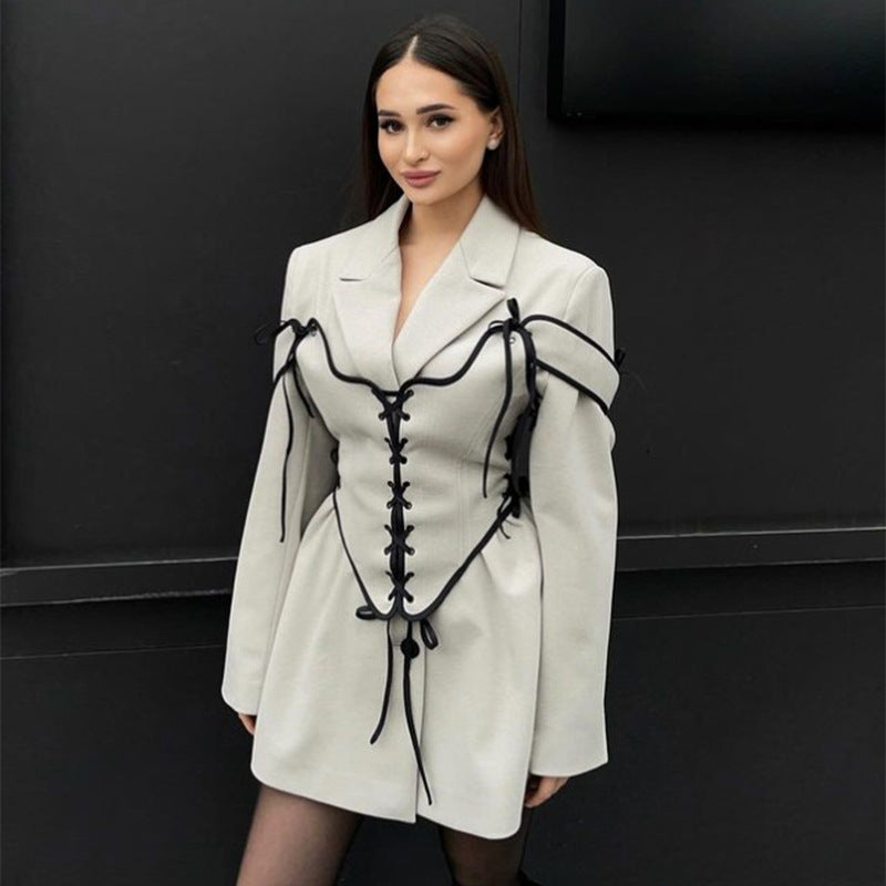Women Fashion Turndown Collar Long Sleeve Bandage Waist Blazer Set