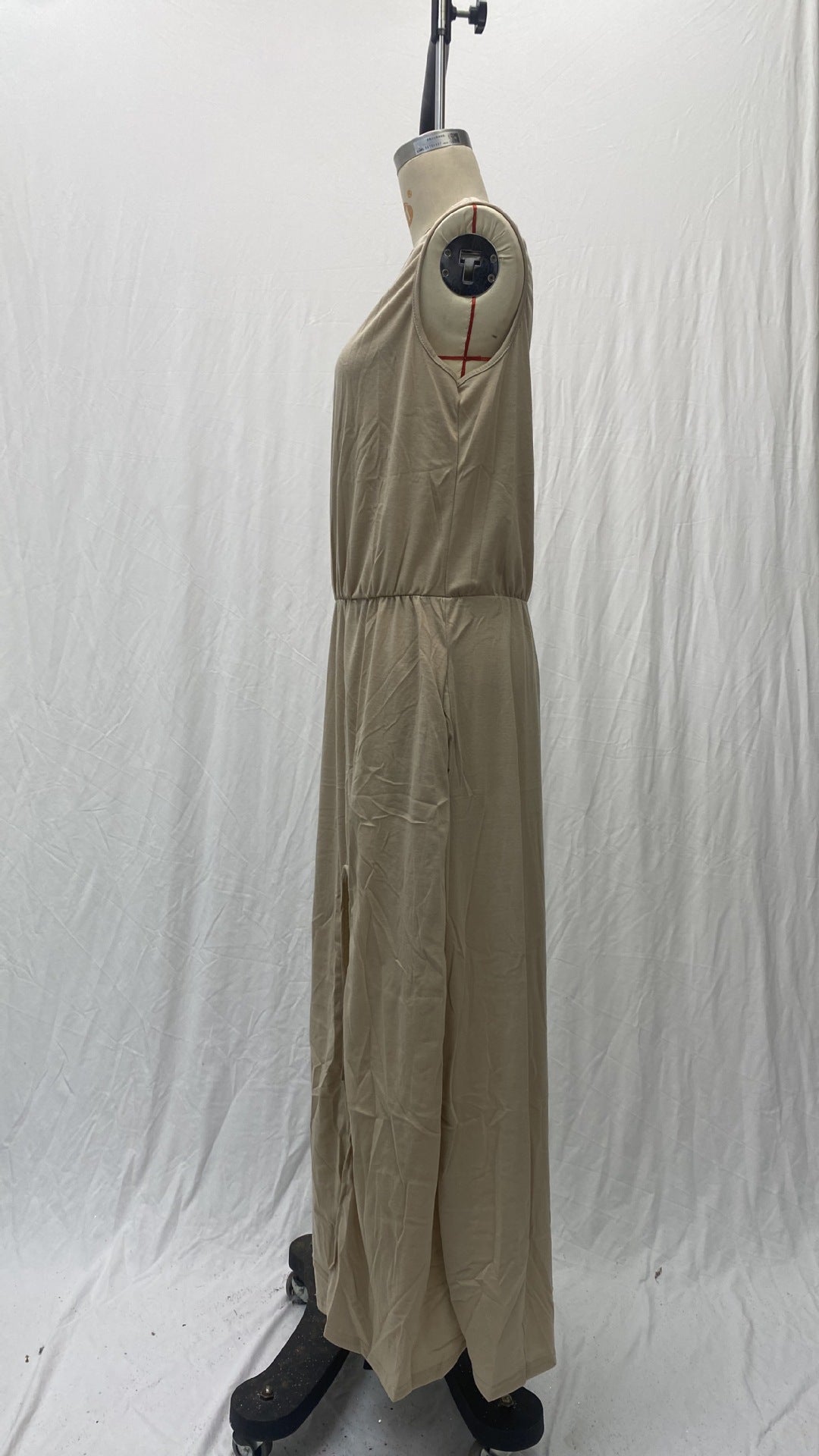 Summer Women's Trendy Retro Round Neck Sleeveless Slit Solid Color Casual Dress 15