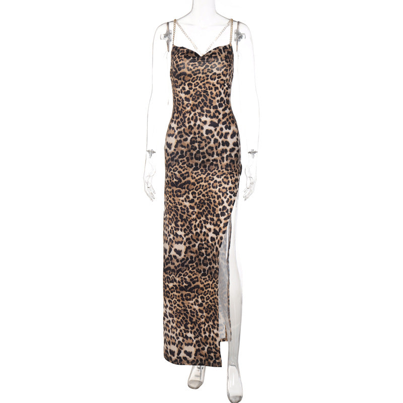 Women Spring Fashion Leopard Print Backless Chain Straps Midi Dress 8