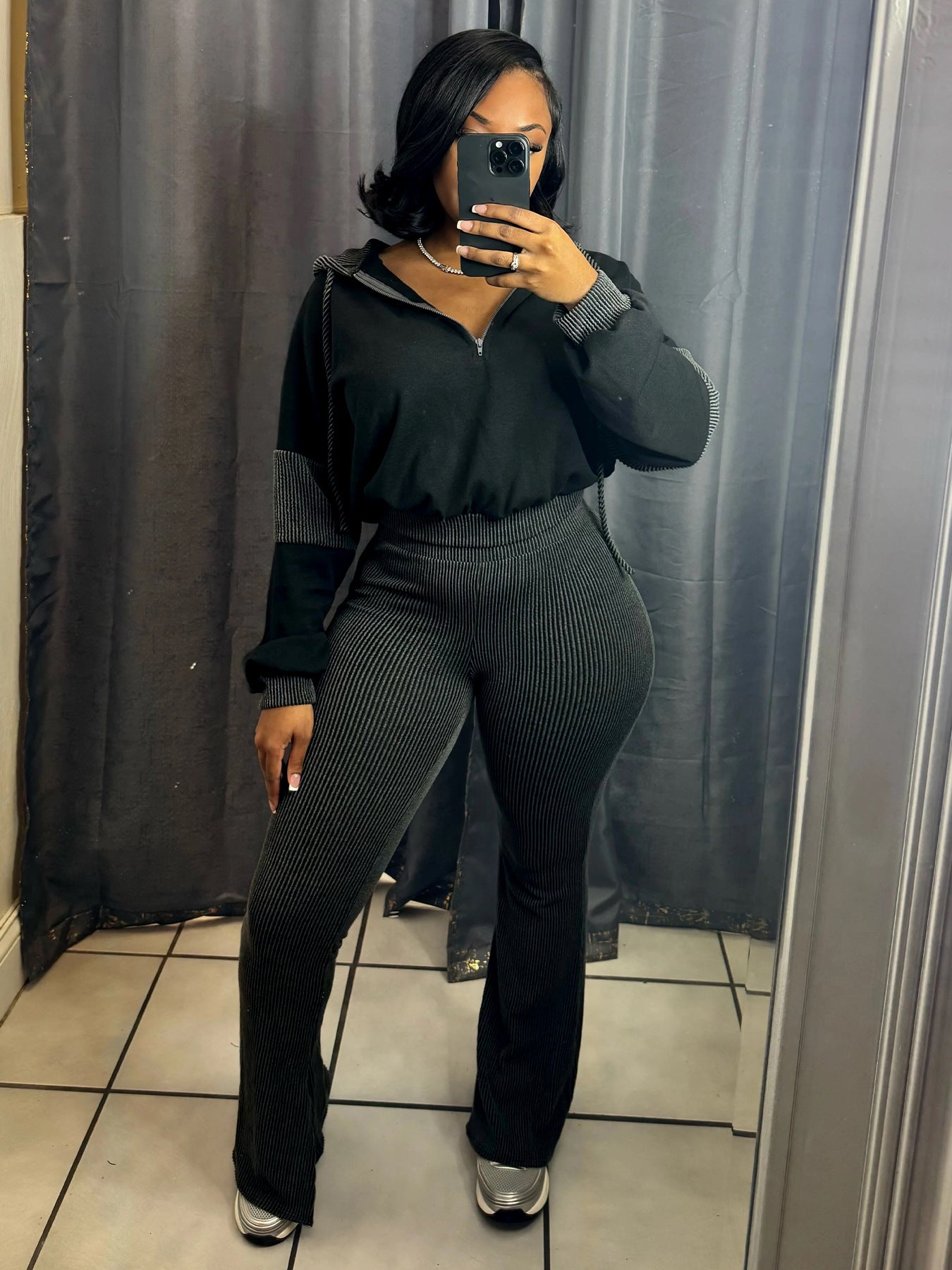 Twist Strip Hoodie Bell Bottom Pants Patchwork Two Piece Set