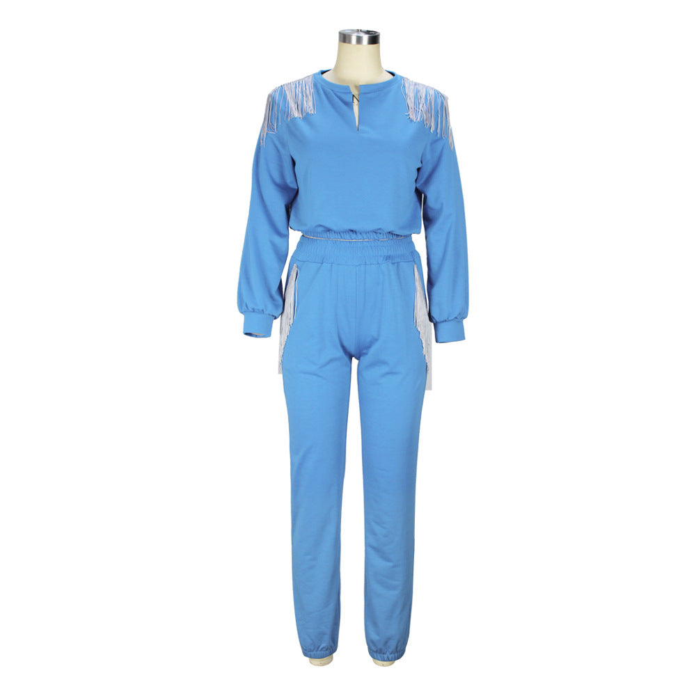 Women V-Neck Tassel Top and Pant Two-Piece Set 4