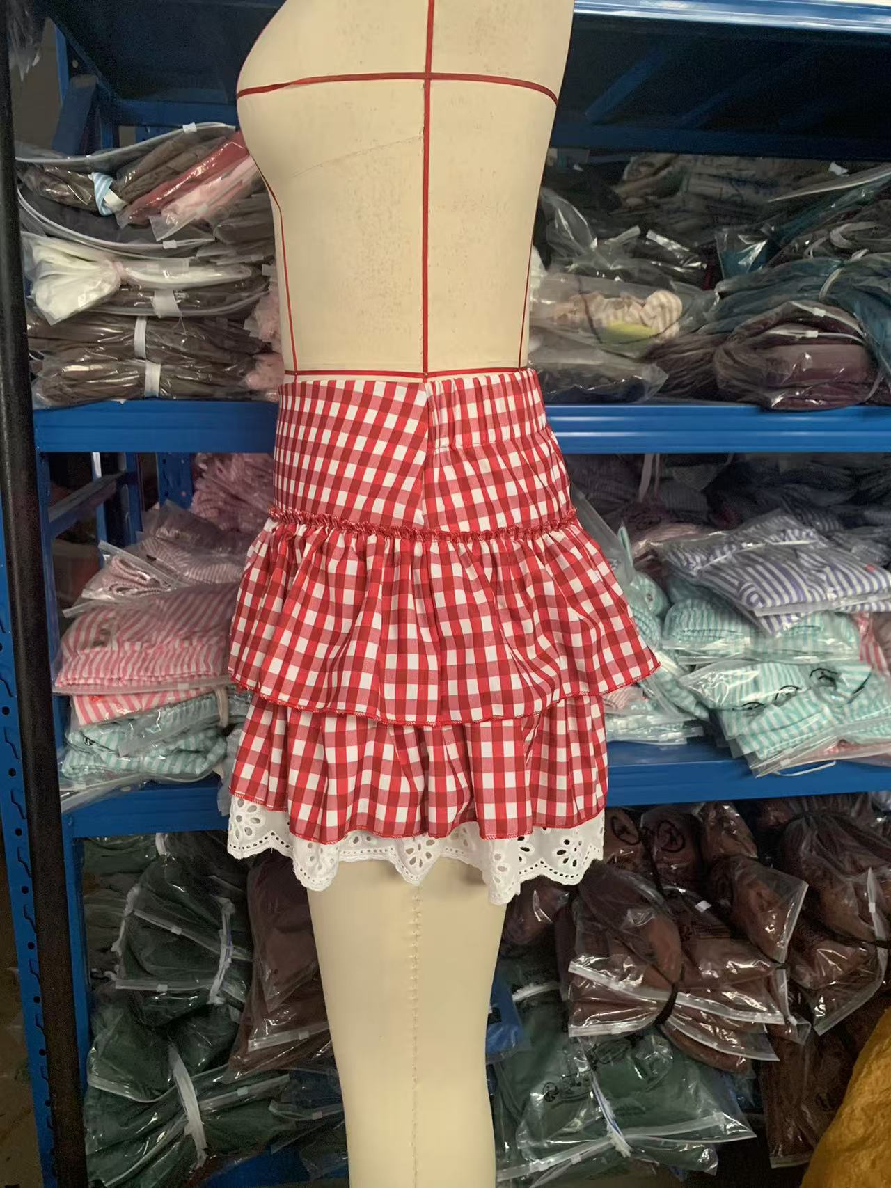 Spring Women's Fashion Y2K Sexy Plaid Lace Layer Two Piece Skirt Set 7