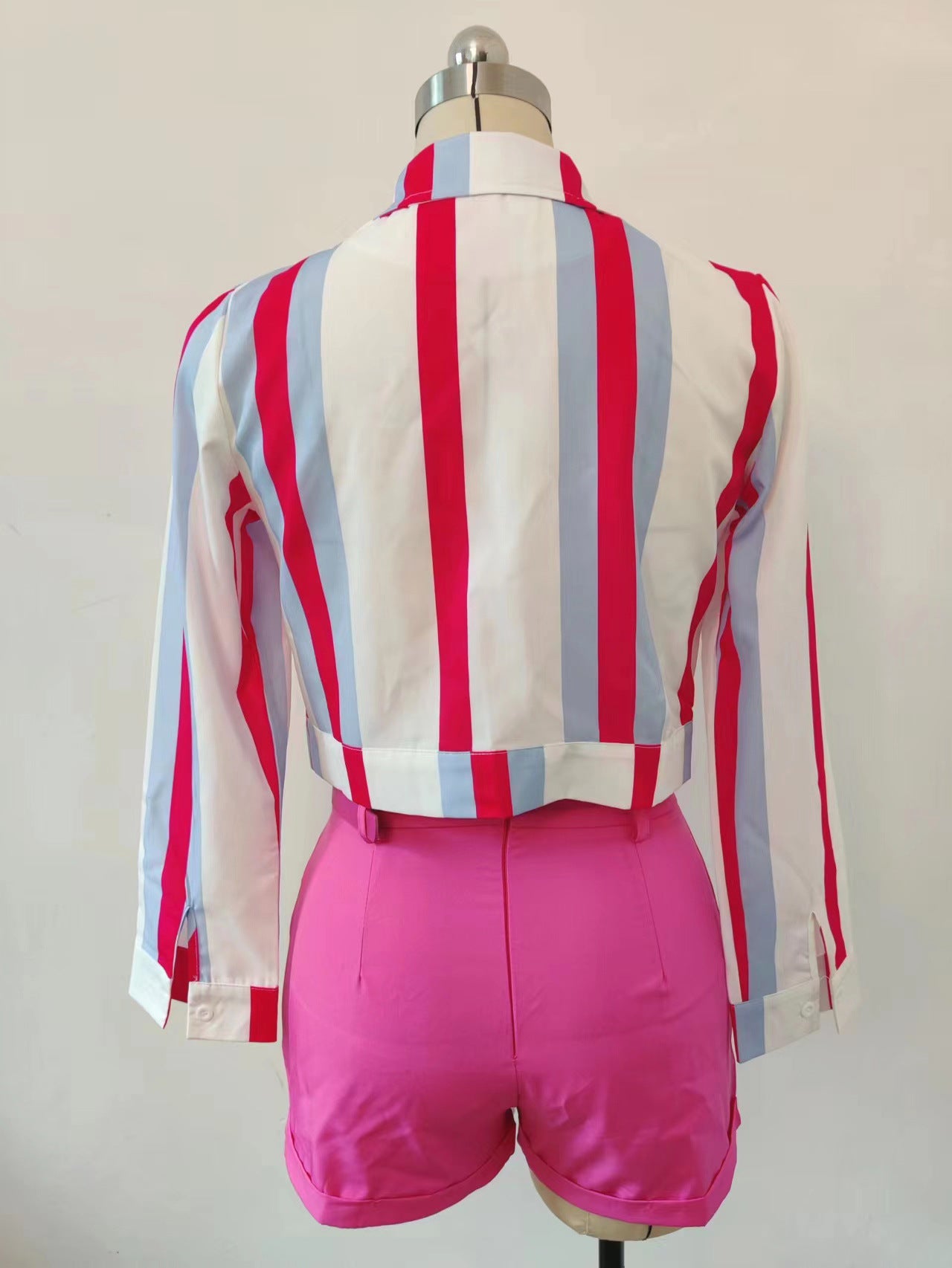 Women's Striped Digital Print Lace-Up Short Turndown Collar Shirt Shorts Two-Piece Set 13