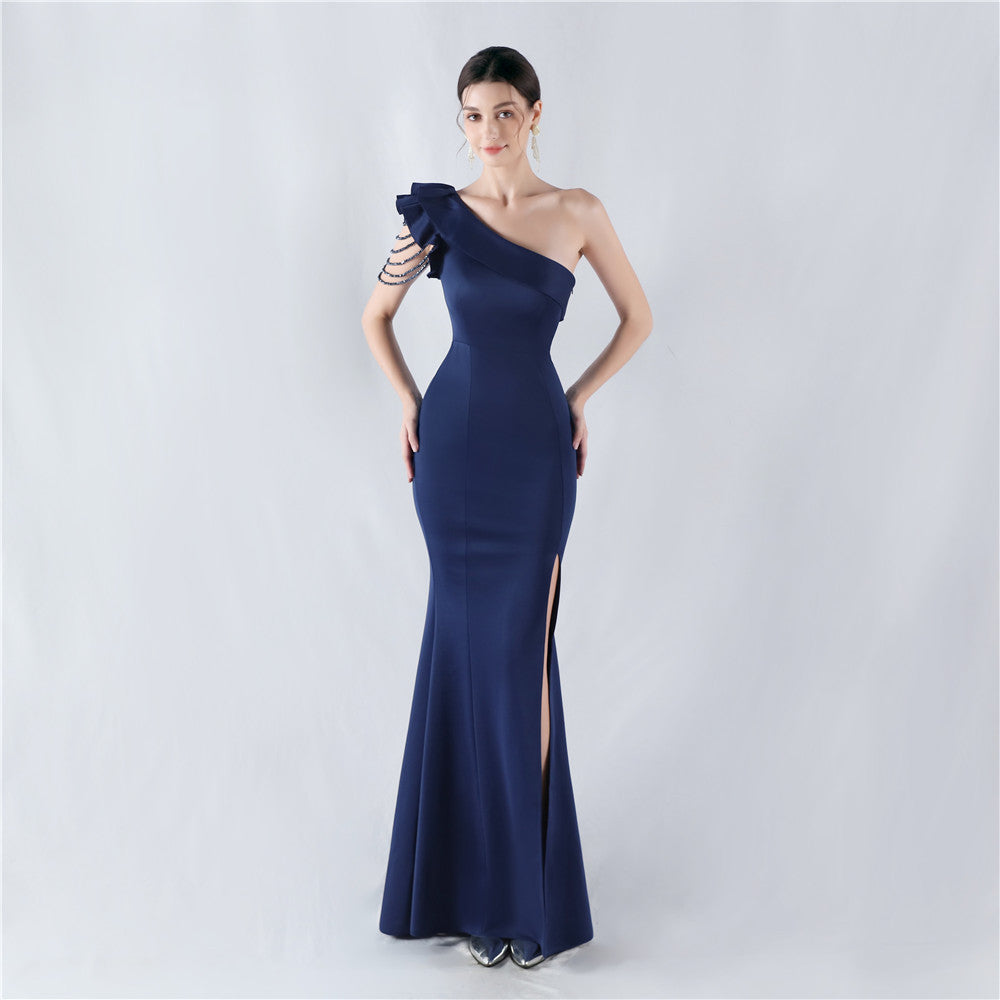 Women Beaded One-shoulder Slash Shoulder Evening Dress 6