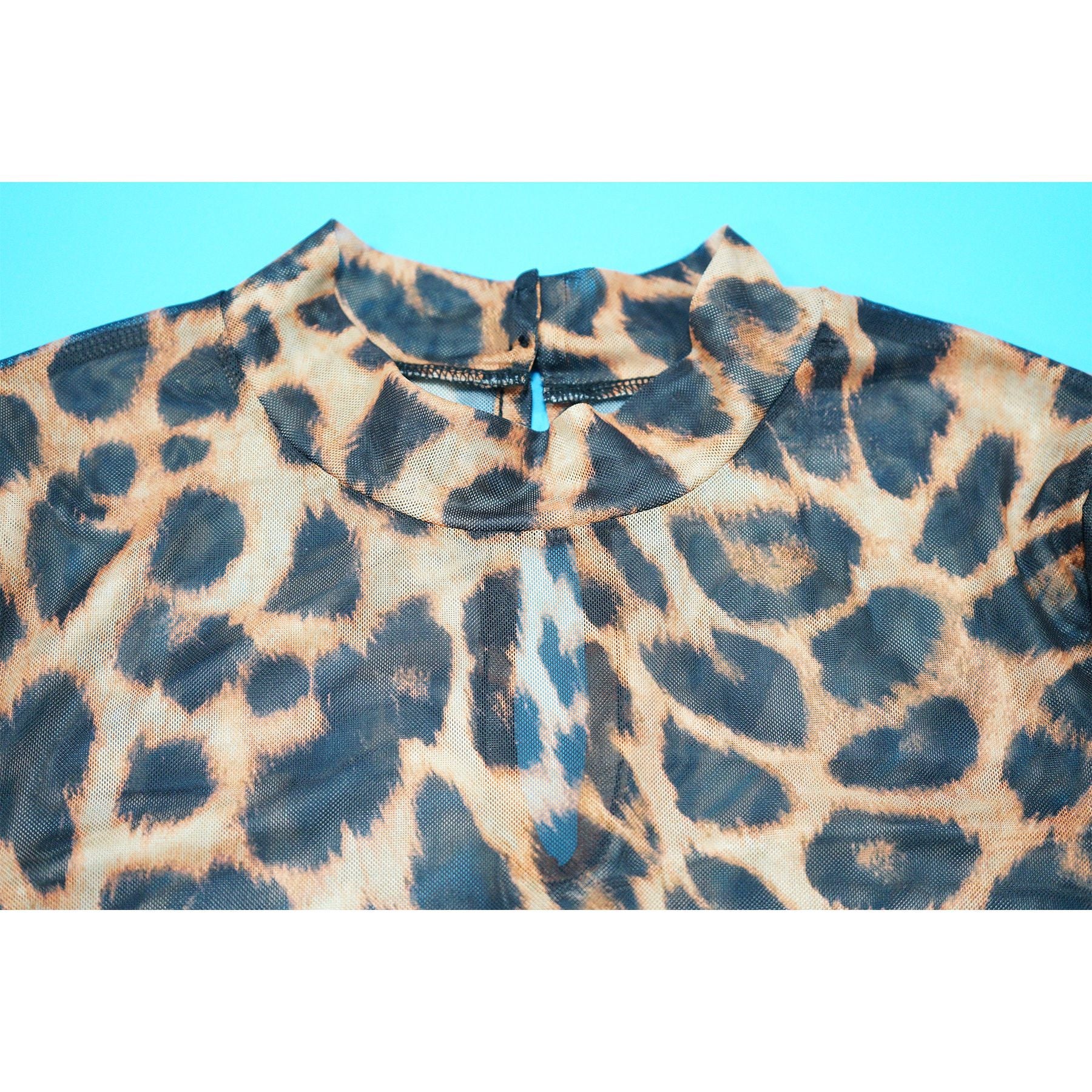 Women Sexy Leopard Print See-Through Bodysuit and Slit Skirt Two-Piece Set 18