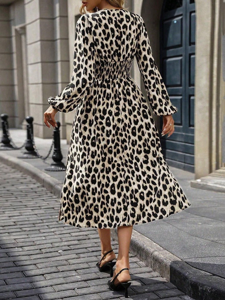Leopard Print Women Autumn Lantern Sleeve Long Dress 5