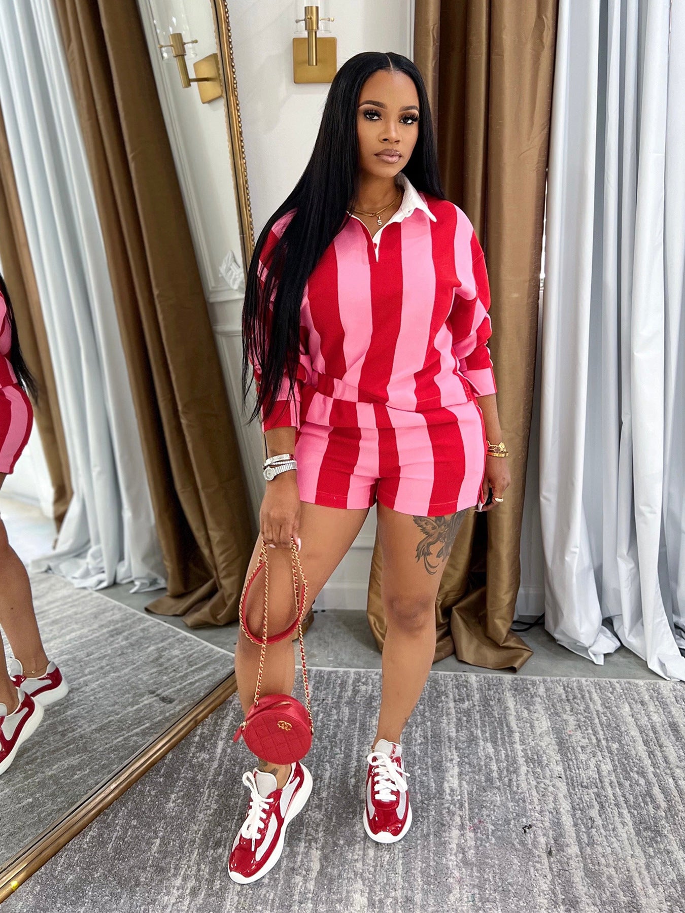 Women Summer Casual Striped Turndown Collar Top and Shorts Two-Piece Set 3