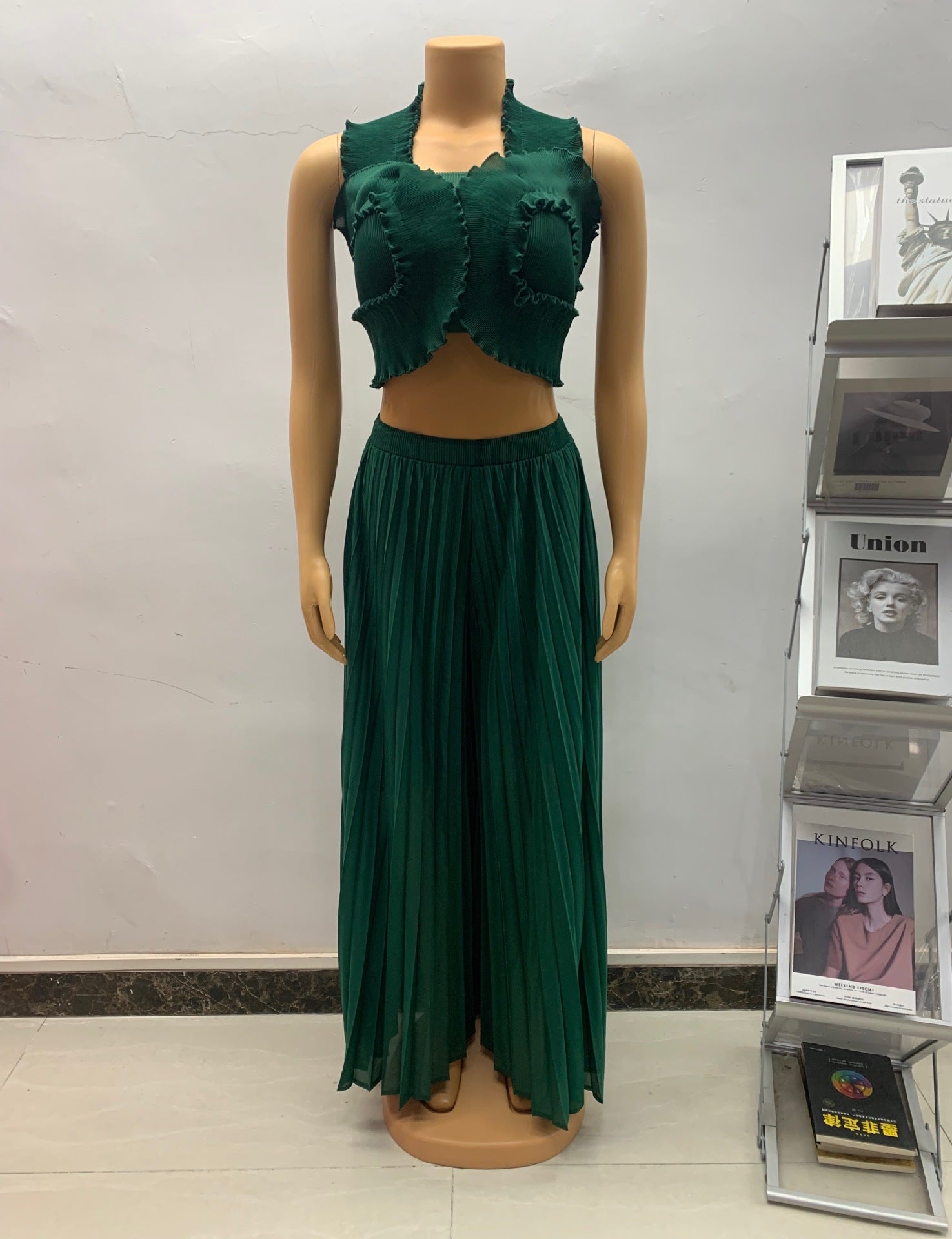 Women African Pleated Top + Wide Leg Pants Two-Piece Set 12