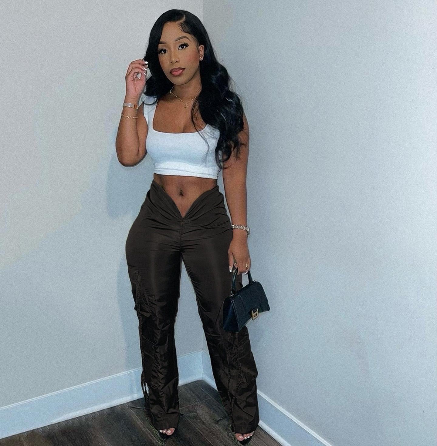 Women's Zip Lace-Up Solid Green Casual Trousers 9