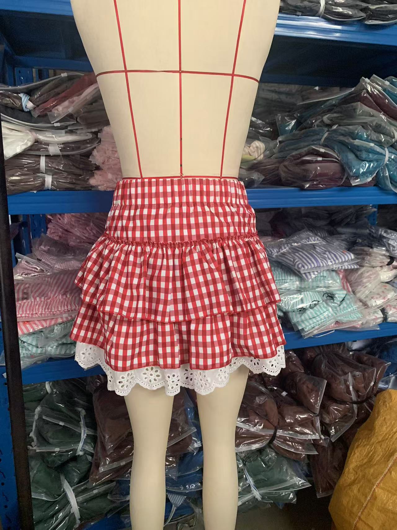 Spring Women's Fashion Y2K Sexy Plaid Lace Layer Two Piece Skirt Set 6