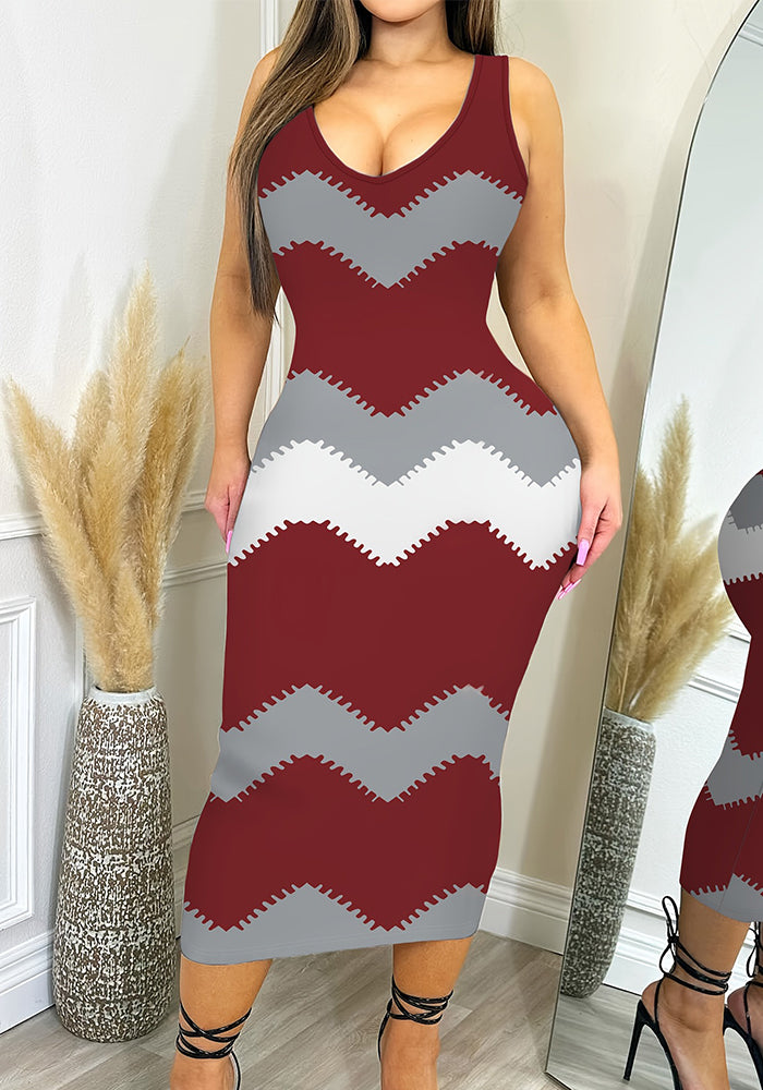 Women’s Fashion Printed V-Neck Sleeveless Slim Long Dress