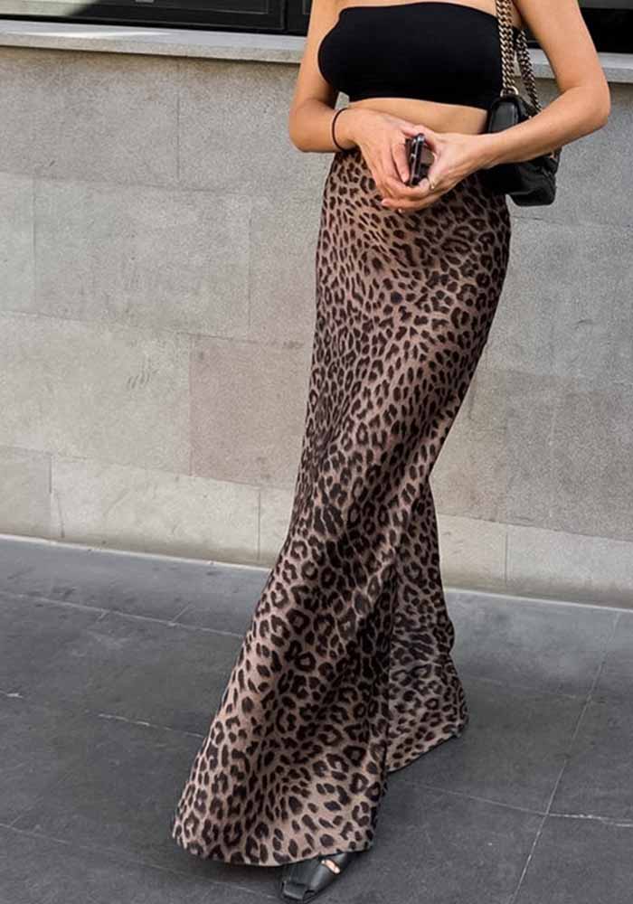 Women leopard print satin fishtail skirt