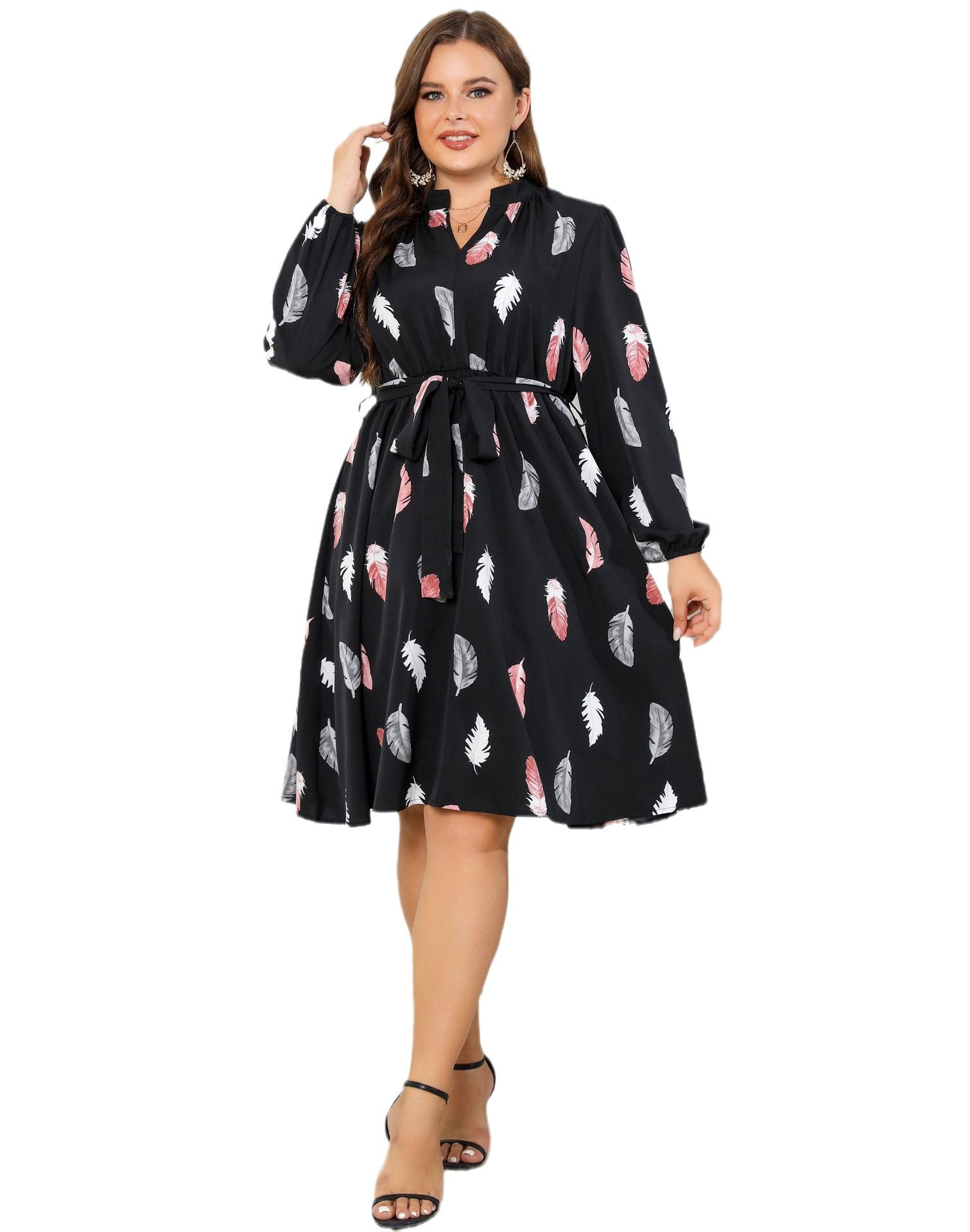 V-Neck Printed Long Sleeve Slim Waist Plus Size Women's Dress 6