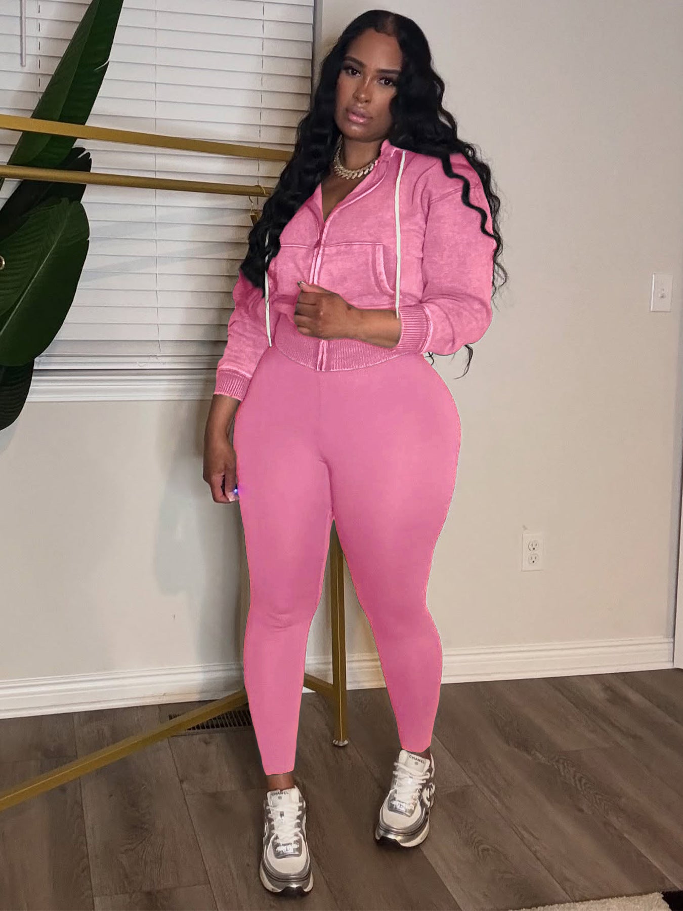 Fashion Women's Washed Zipper Hooded Top Yoga Pants Sport Casual Two-Piece Set 3