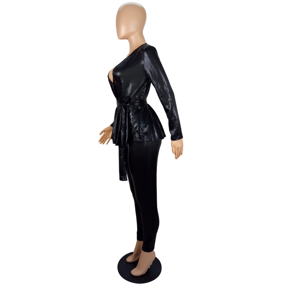 Women'S Slim Fashion Shiny Long Sleeve Suit With Belt 25