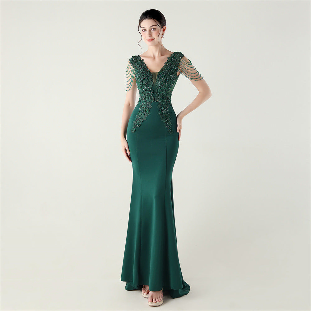 Women Heavy Beaded Applique Fishbone Train Lace-Up Formal Party Evening dress 13