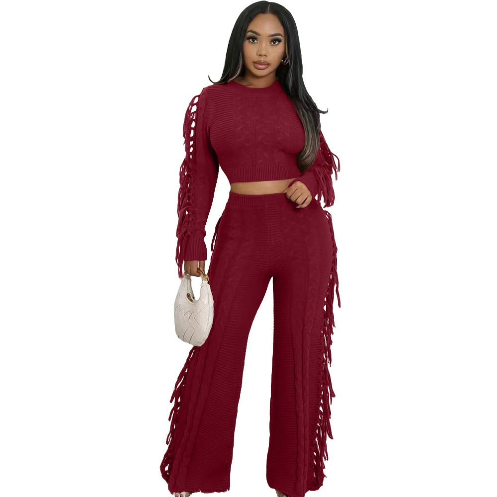 Women Casual Solid Knitting Long-Sleeved Tassel Top and Pant Two-Piece Set 11