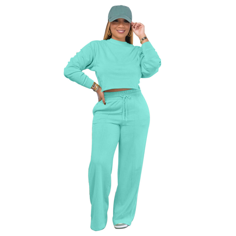 Solid Color Long Sleeve Pocket Straight Pants 2 Piece Set 22