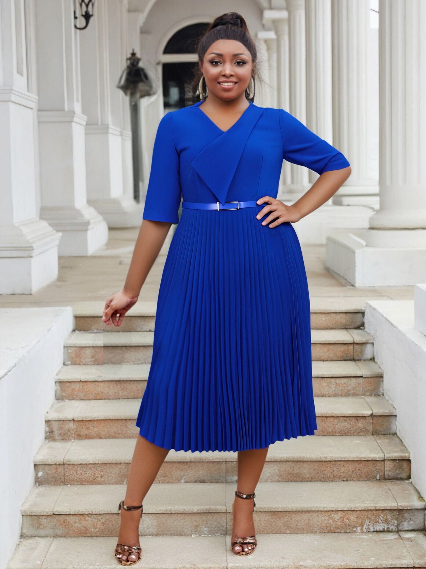 Plus Size fashion Career women's summer fashion Chic V-neck solid color pleated office dress 12