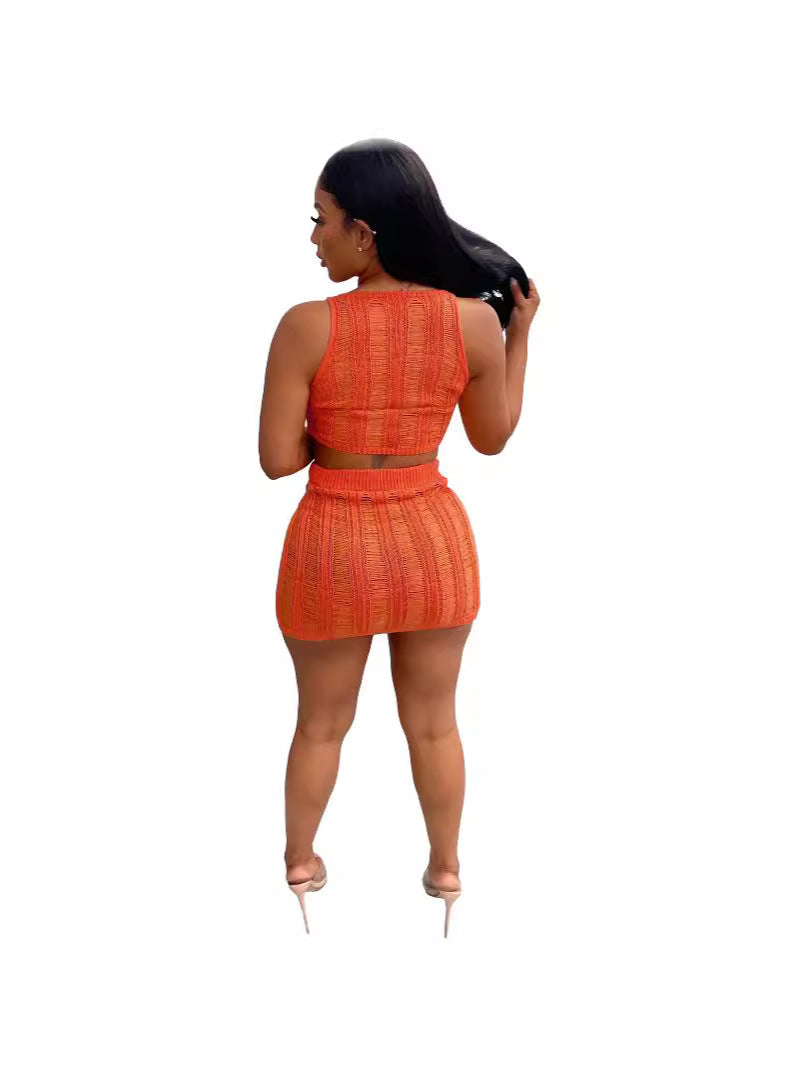 Women Sexy Knitting Hollow Tank Top and Skirt Two-piece Set 6