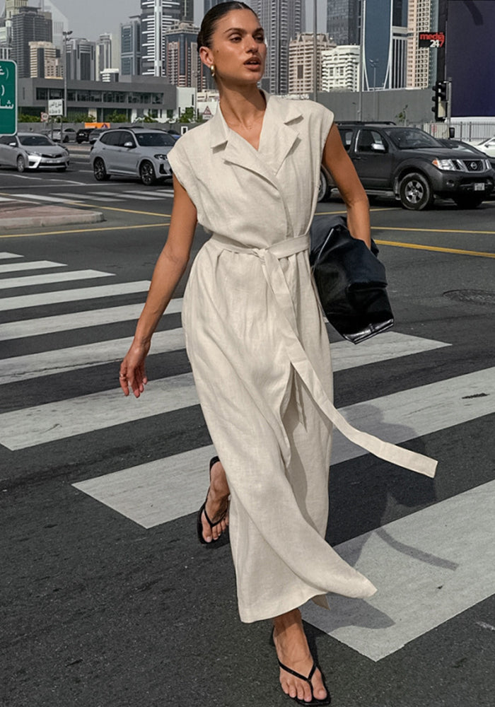 Women French Turndown Collar Belt Dress