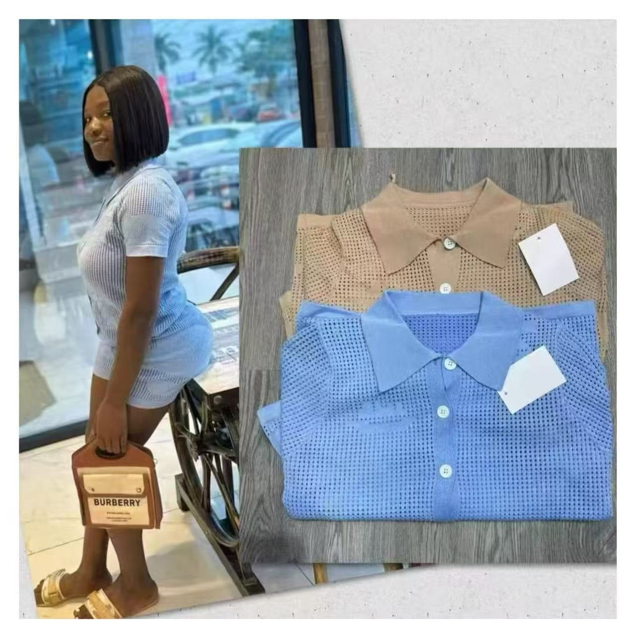 Women Summer Round Neck Hollow Crochet Short Sleeve Knitting Top and Shorts Two-piece Set 6