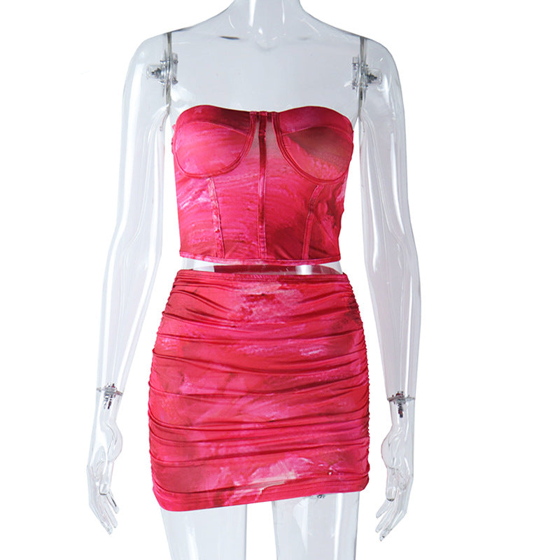 Summer Fashion Women's Sexy Printed Strapless Vest Skirt Trendy Two Piece Set 4