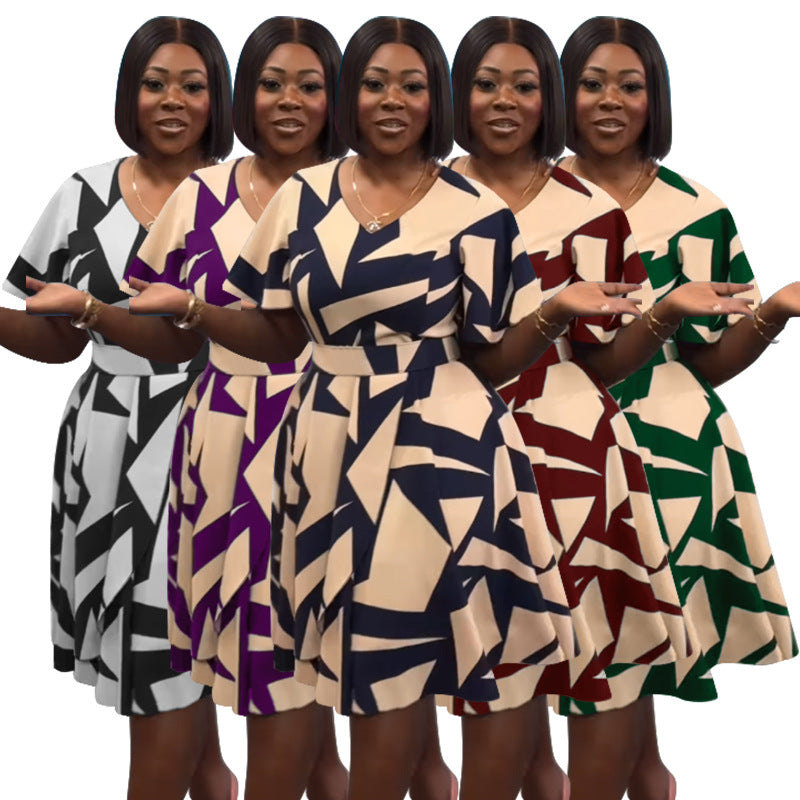 Spring and Summer Elegant Women's V-Neck Printed Slit Dress 11