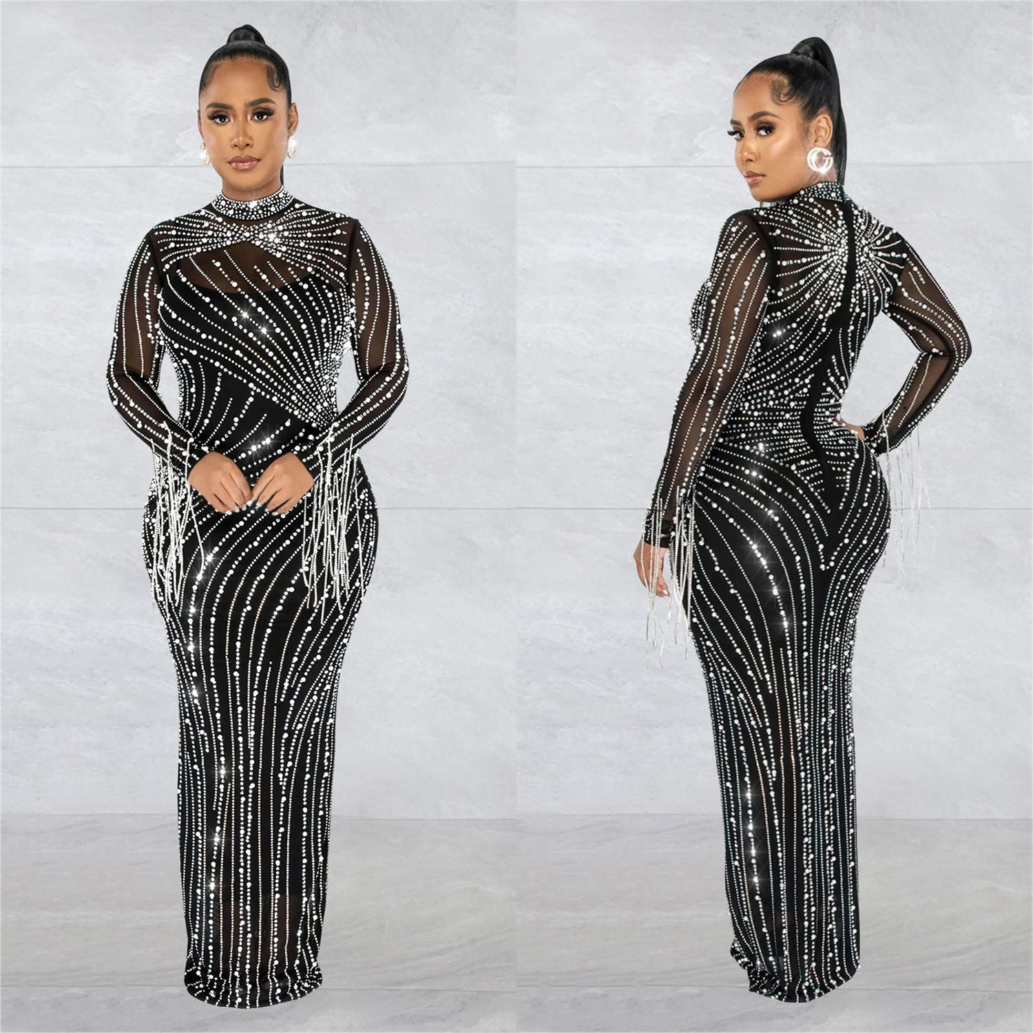 Spring Women's Sexy Mesh Beaded Nightclub Party Long Dress