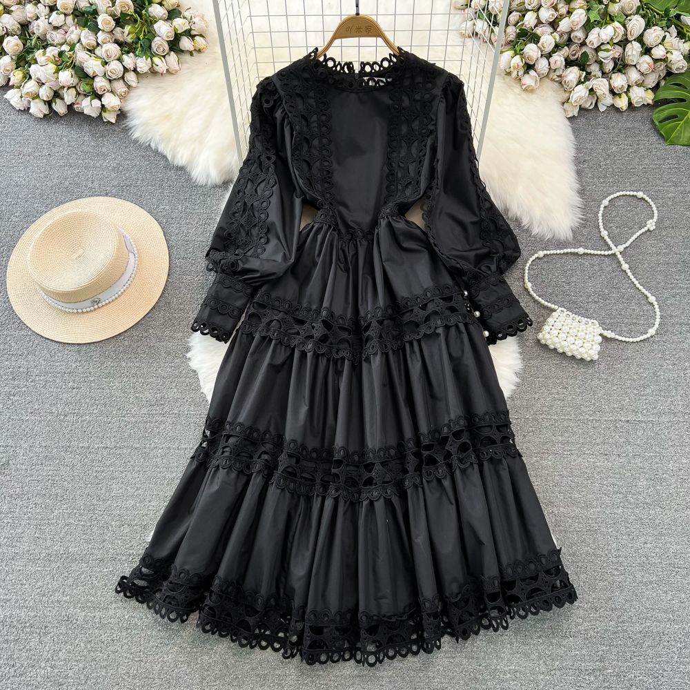 Spring Autumn Retro Chic Lantern Long Sleeve Lace Hollow Patchwork Round Neck Slim Waist Casual Dress