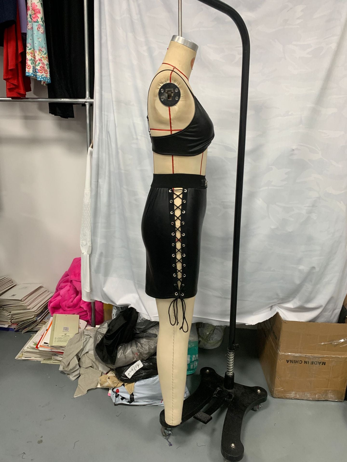 Women Pu Leather Sexy Lingerie Lace-Up Cutout Bodycon Dress 8