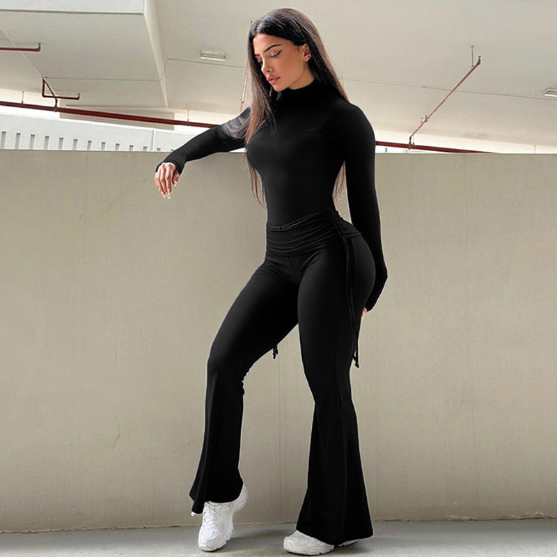 Autumn Fashion Solid Color Casual High-Neck Drawstring Top Slim Trousers Two Piece Set