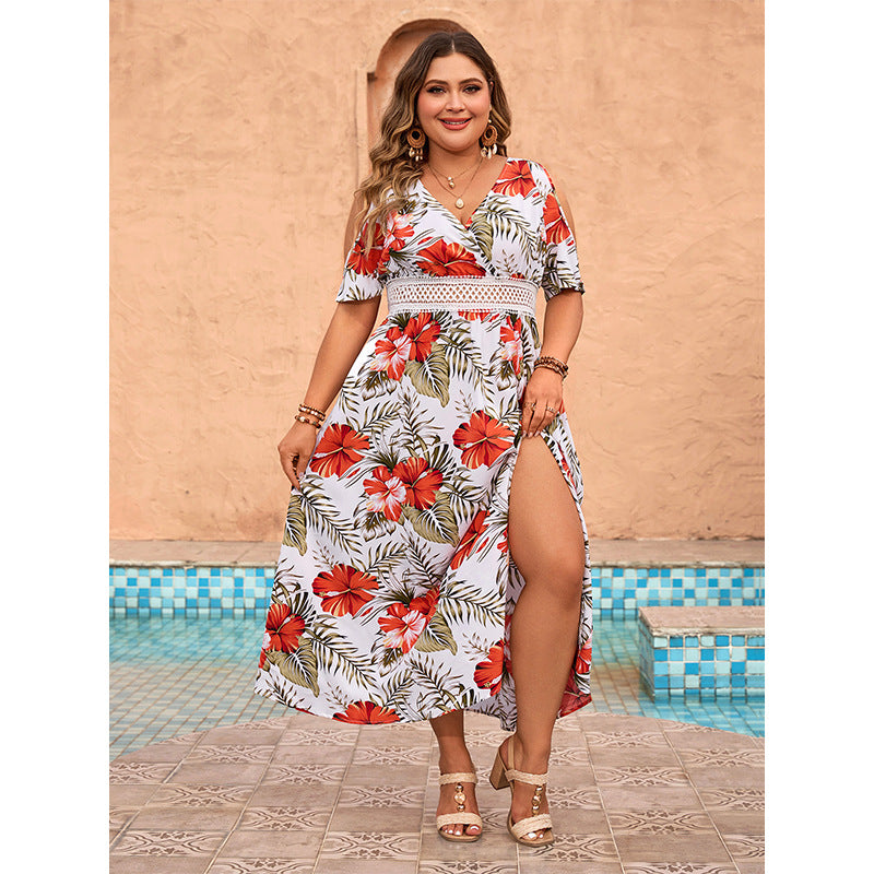 Women Off Shoulder Printed Dress V Neck Short Sleeve Loose Dress 4