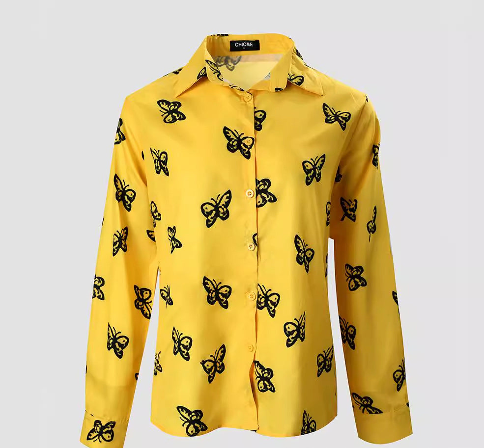 Women Butterfly Print Loose Turndown Collar Shirt 3