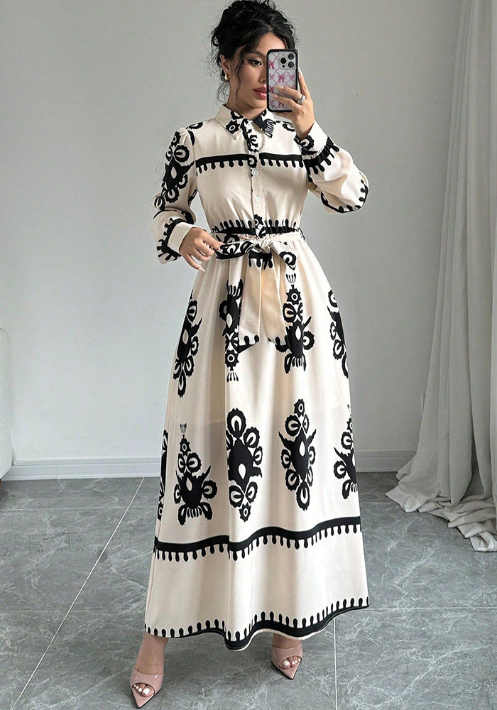 Women Autumn Winter Women Chic Contrast Holidays Print Button Dress