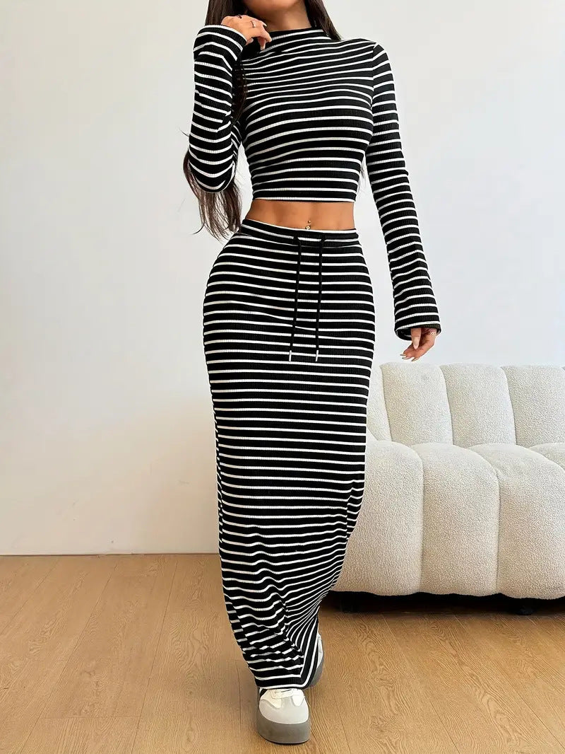Women Solid Striped Half-Turtleneck Long-Sleeved Top and Skirt Two-Piece Set 7