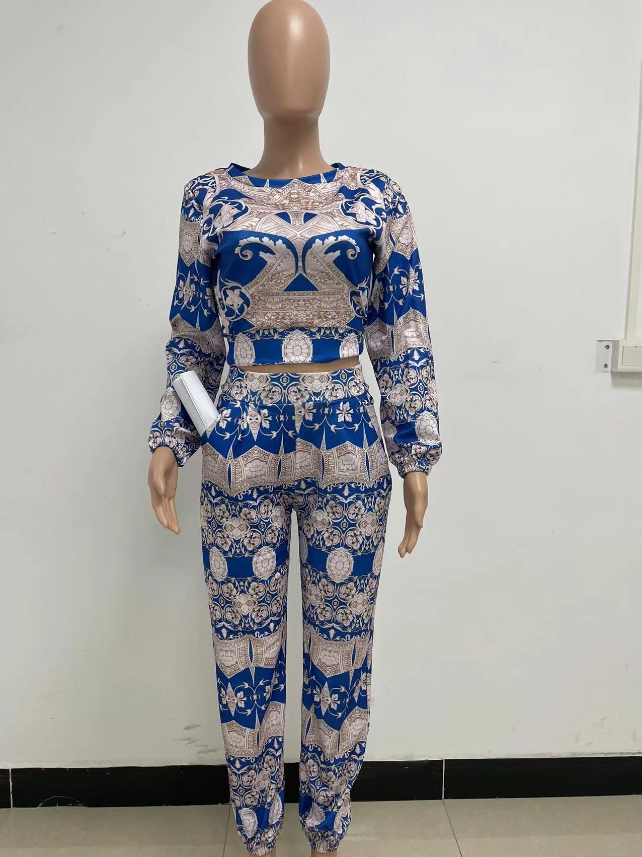 Women Printed Long Sleeve Top+ Pants Two Piece Set 6