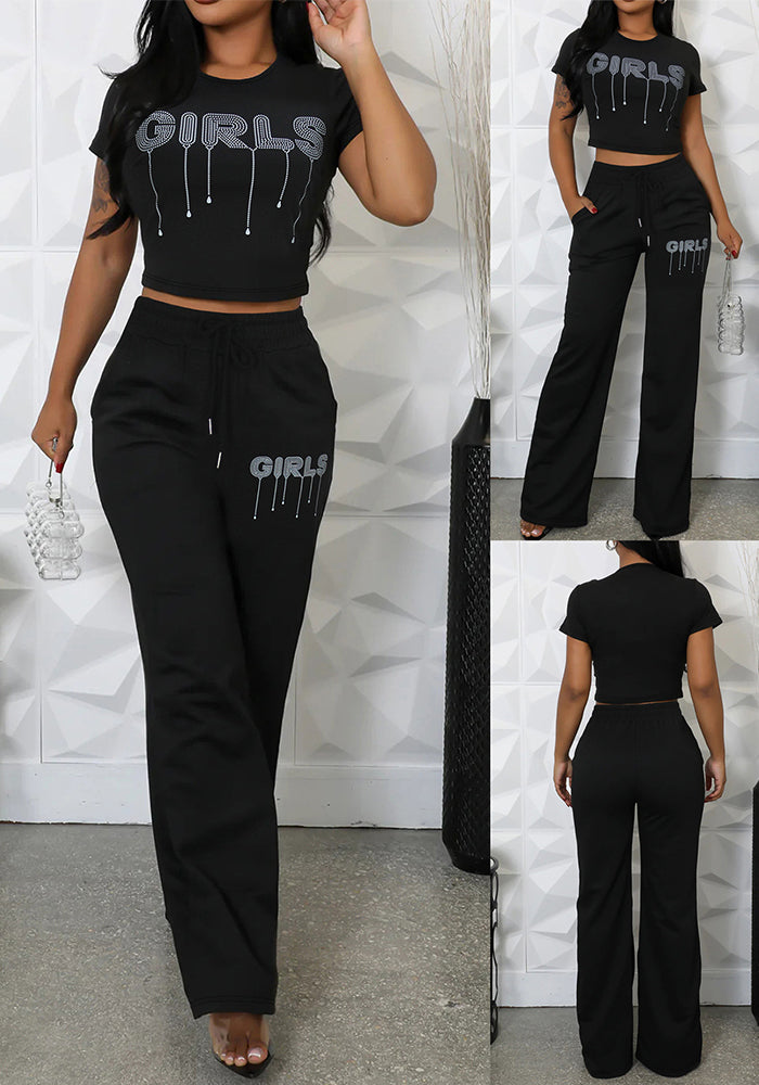 Spring Summer Women’s Fashion Elegant Round Neck Short Top Pants Casual Set