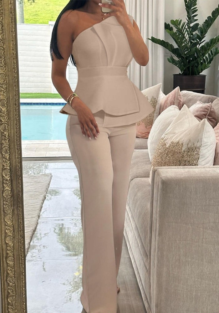 Women Contrast Color Blocking One-shoulder Solid Top and Pant Two-piece Set