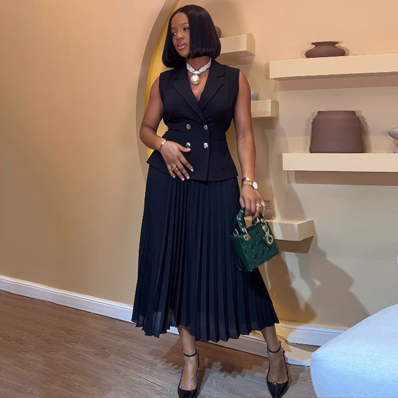 Women Summer Turndown Collar Vest And Pleated Skirt Casual Two-piece Set 4