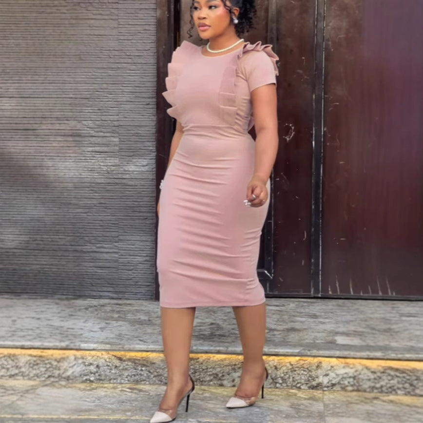 Elegant Career elastic pleated lace slim back slit Bodycon dress 4