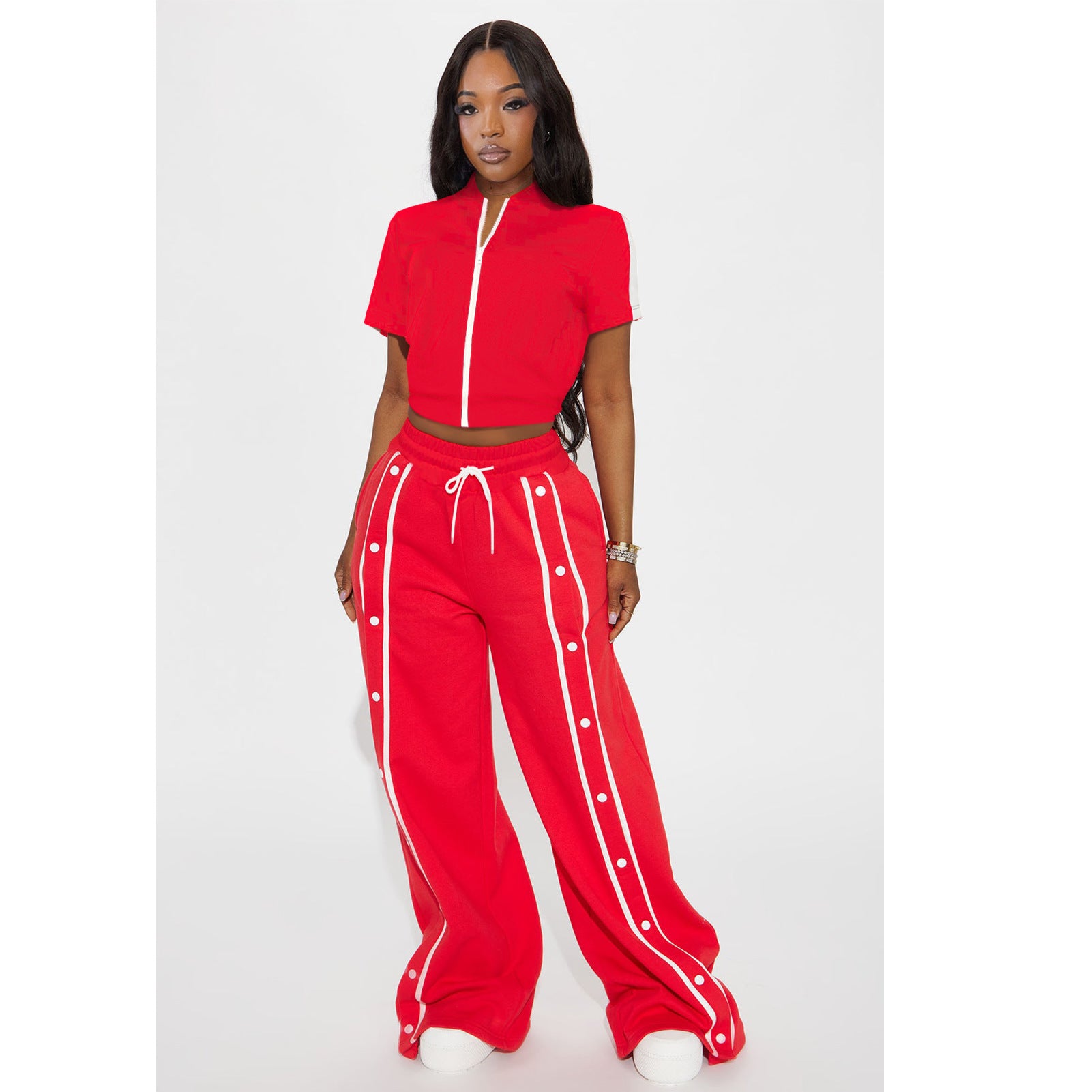 Women's Sports Two-Piece Set Buttoned Loose Pocket Wide-Leg Pants & Short Sleeve Zipper Top 5