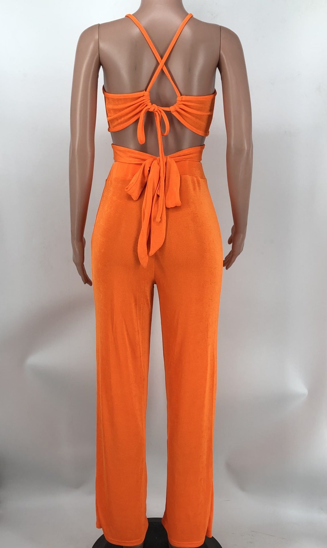 Women Halter Neck Crossover Crop Top andSolid Wide Leg Pants Two-Piece Set 25