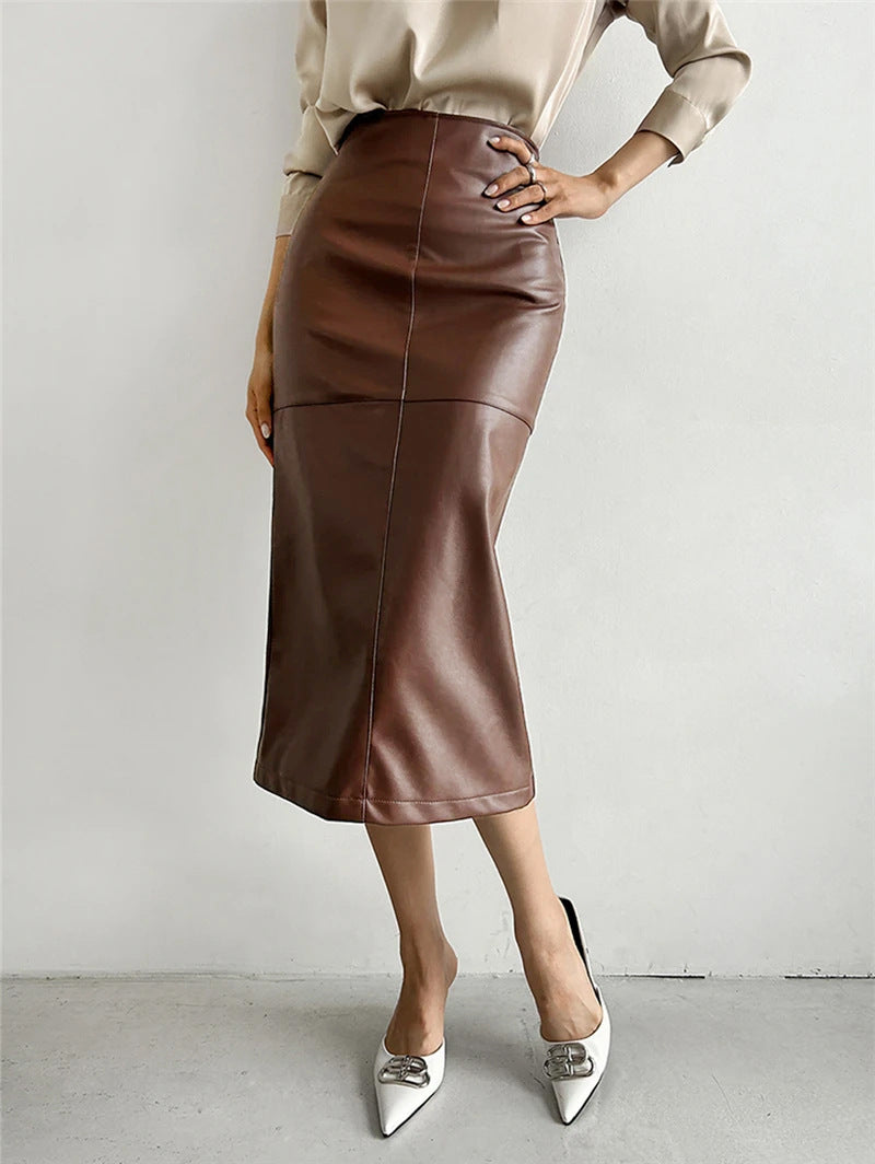 women's fashion spring autumn summer slit high waist straight Long Leather skirt 6