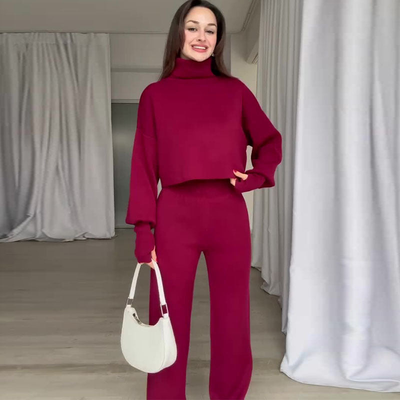 Autumn Casual Long-Sleeved Knitting High-Neck Sweater Trousers Two-Piece Set 3