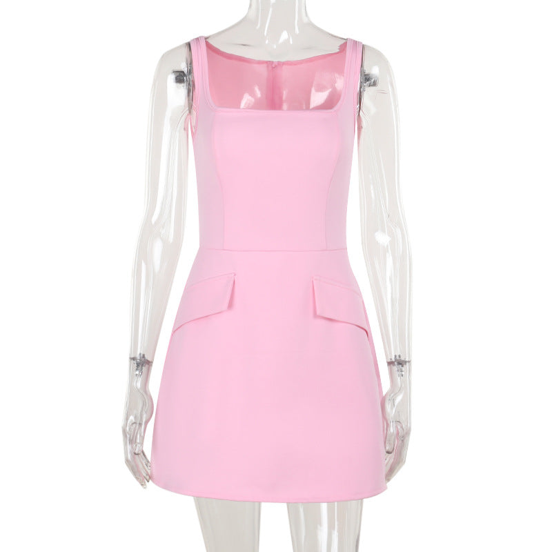 Autumn Chic Elegant Slim Square Neck Strap Bodycon Short Dress 7