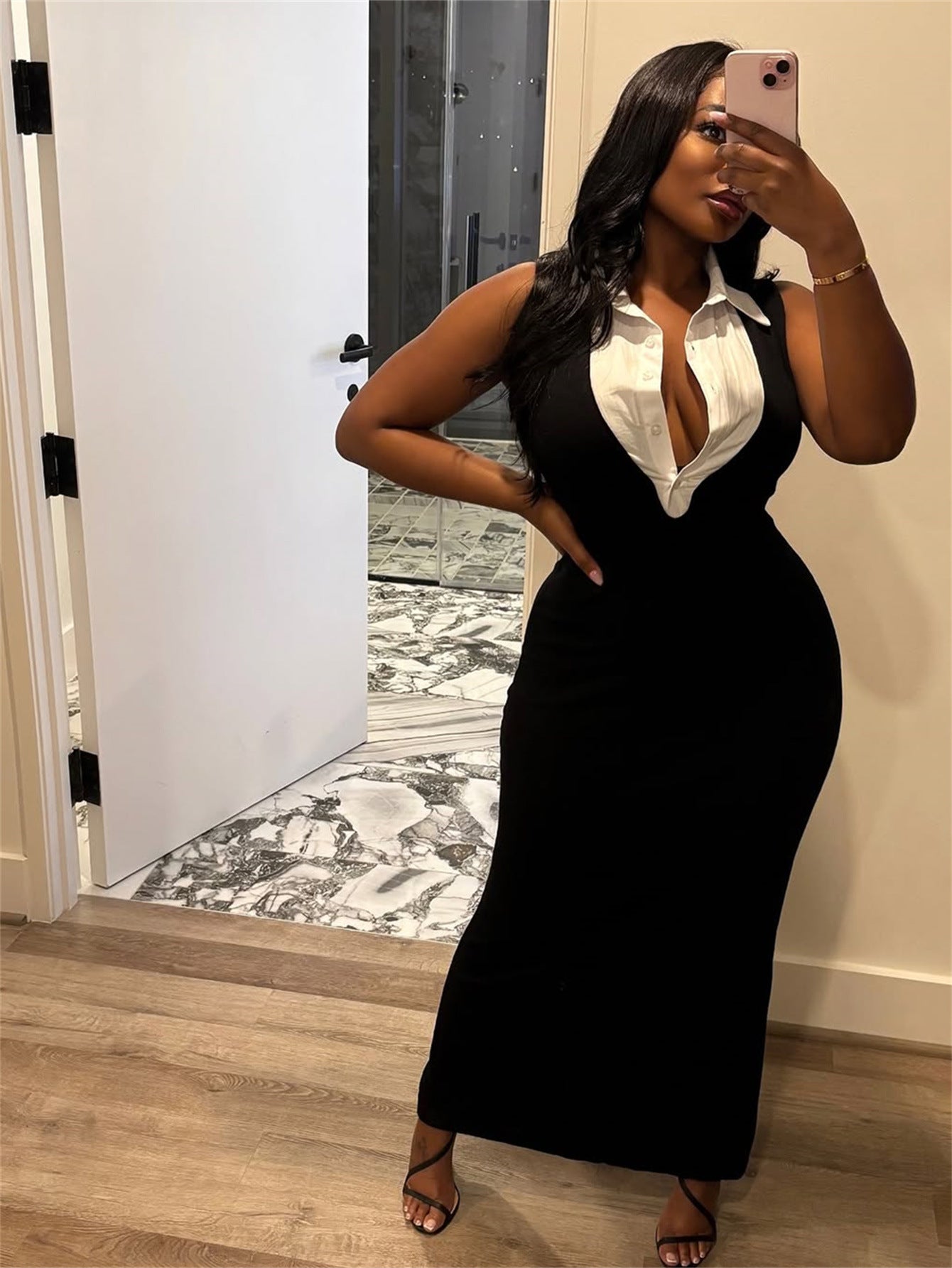 Women Contrast Patchwork Sexy Turndown Collar Sleeveless Bodycon Slit Dress 8