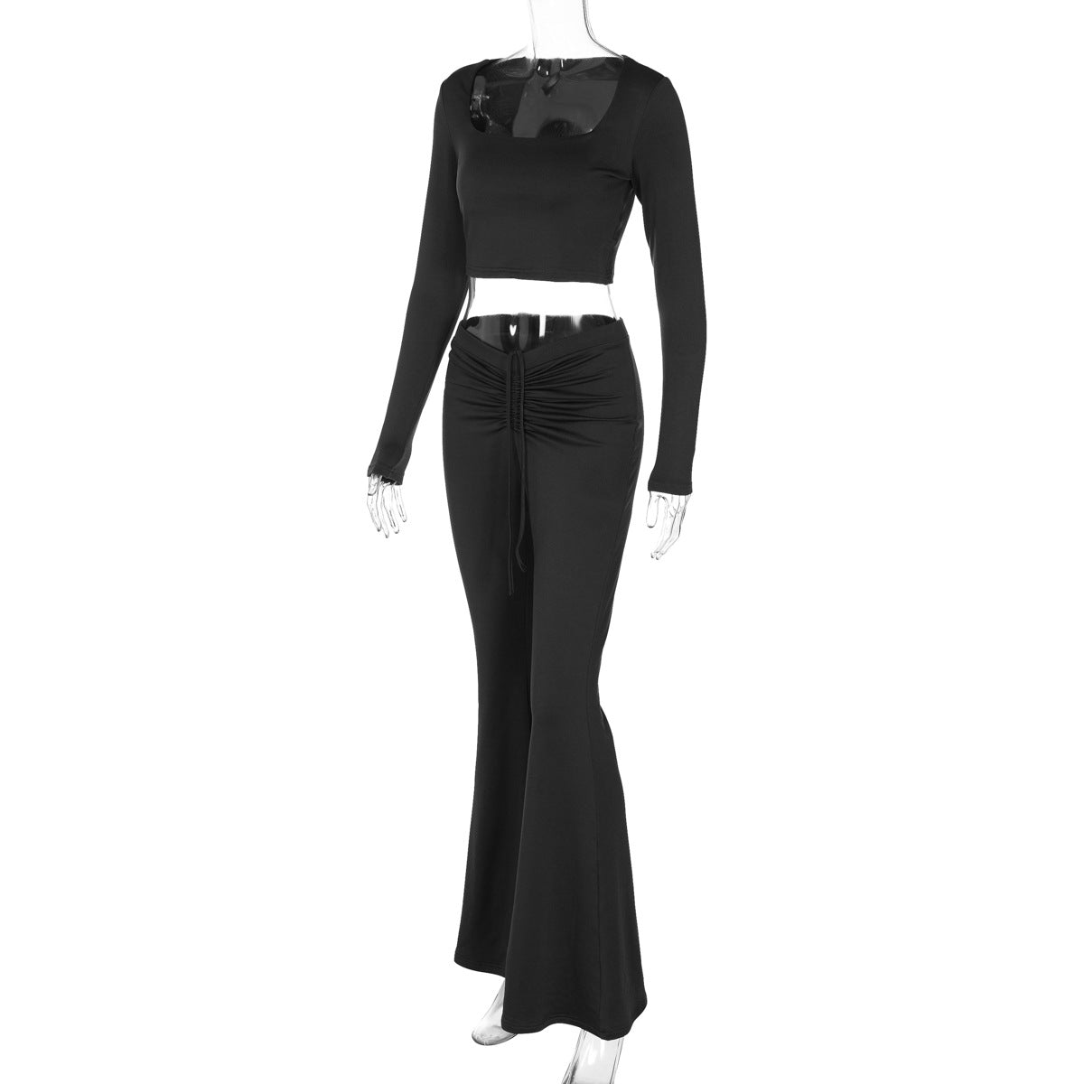Winter Fashion Solid Color Long Sleeve Top Drawstring Pleated Bell Bottom Pants Women Two Piece Set 12