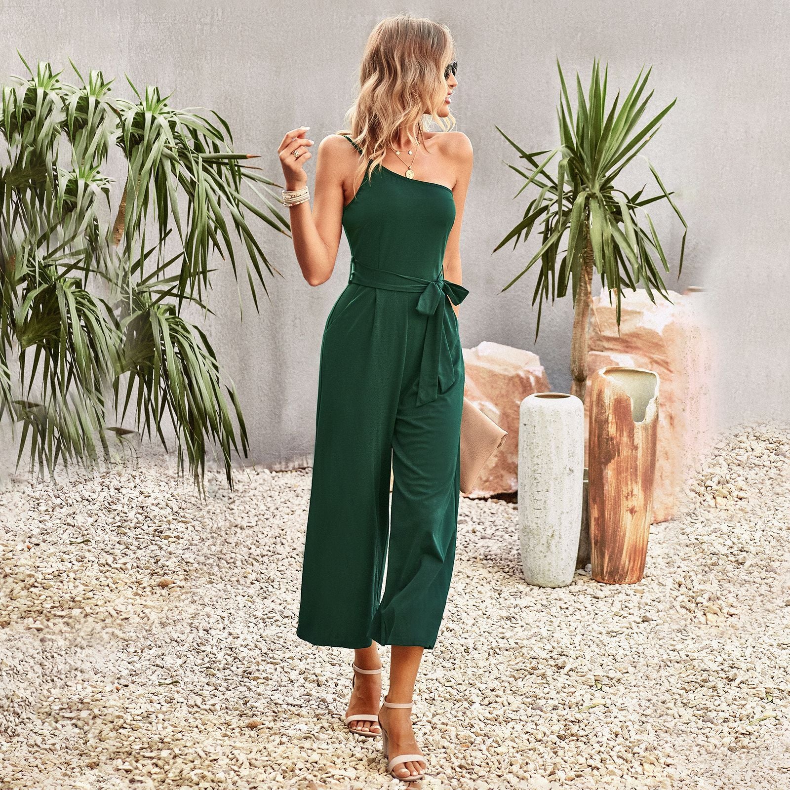 Slash Shoulder Belted Jumpsuit Women'S Spring Summer Chic Career Solid Color One Shoulder One Piece Wide Leg Pants 7