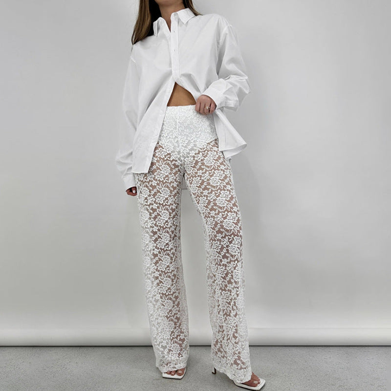 Summer sexy and versatile lace See-Through high-waisted Patchwork long straight pants 3